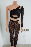 Black Fashion Sexy Solid Hollowed Out See-through One Shoulder Long Sleeve Two Pieces