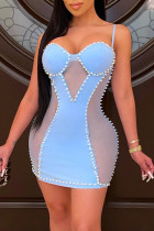 Blauwe mode sexy patchwork uitgeholde doorschijnende vierkante kraag sling jurk