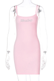 ピンクのセクシーなパッチワーク ホット ドリル スパゲッティ ストラップ ペンシル スカート ドレス