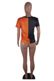 Schwarz-orangefarbene, modische, lässige Patchwork-T-Shirts mit O-Ausschnitt