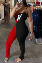 Vermelho preto moda sexy carta impressão retalhos sem costas dobra o pescoço macacões magros