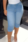Jeans Regular Azul Médio Moda Casual Sólido Básico Cintura Alta