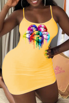 Yellow Sexy Print Patchwork Spaghetti Strap Pencil Skirt Dresses