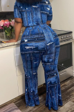 Bleu Sexy Imprimé Patchwork Demi Col Roulé Grande Taille Deux Pièces