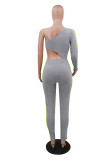 Grey Fashion Sexy Solid Hollowed Out Backless One Shoulder Skinny Jumpsuits