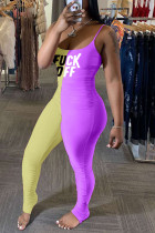 Tute skinny con stampa di lettere sexy alla moda giallo viola con patchwork e piega senza schienale