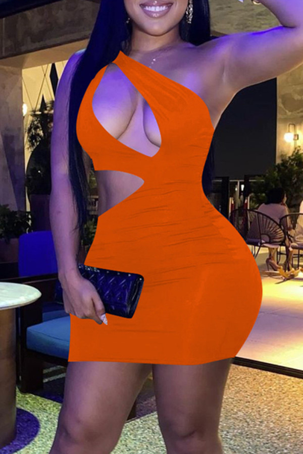 オレンジ ファッション セクシー ソリッド 中空アウト ワンショルダー ノースリーブ ドレス