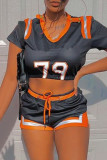Oranje mode sportkleding print patchwork twee stukken met korte mouwen