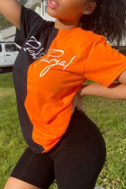 Schwarz-orangefarbene, modische, lässige Patchwork-T-Shirts mit O-Ausschnitt