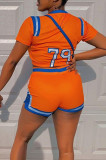 Oranje mode sportkleding print patchwork twee stukken met korte mouwen