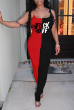 Rood Zwart Mode Sexy Letterprint Patchwork Backless Vouw O Hals Skinny Jumpsuits