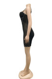 Schwarzes, modisches, sexy Patchwork, ausgehöhltes, durchsichtiges Sling-Kleid mit quadratischem Kragen