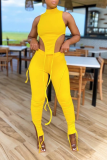 Yellow Sexy Solid Patchwork Turtleneck Sleeveless Two Pieces