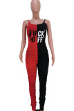 Yellow Red Fashion Sexy Letter Print Patchwork Backless Fold O Neck Skinny Jumpsuits