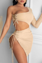 Khaki Fashion Sexy Solid Slit One Shoulder Long Sleeve Two Pieces