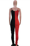 Red Black Fashion Sexy Letter Print Patchwork Backless Fold O Neck Skinny Jumpsuits