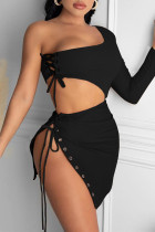 Black Fashion Sexy Solid Slit One Shoulder Long Sleeve Two Pieces