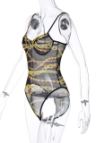 Black Sexy Print Patchwork Spaghetti Strap Skinny Bodysuits