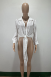 White Casual Solid Bandage Turndown Collar Tops
