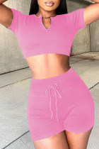 ピンクファッションカジュアルソリッドベーシックVネック半袖ツーピース