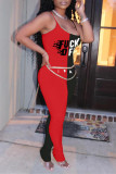 Красно-черные модные сексуальные лоскутные комбинезоны с буквенным принтом и открытой спиной, складки и круглым вырезом, узкие комбинезоны