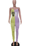 Yellow Red Fashion Sexy Letter Print Patchwork Backless Fold O Neck Skinny Jumpsuits