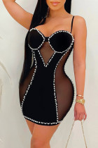 Zwarte mode sexy patchwork uitgeholde doorschijnende vierkante kraag sling jurk