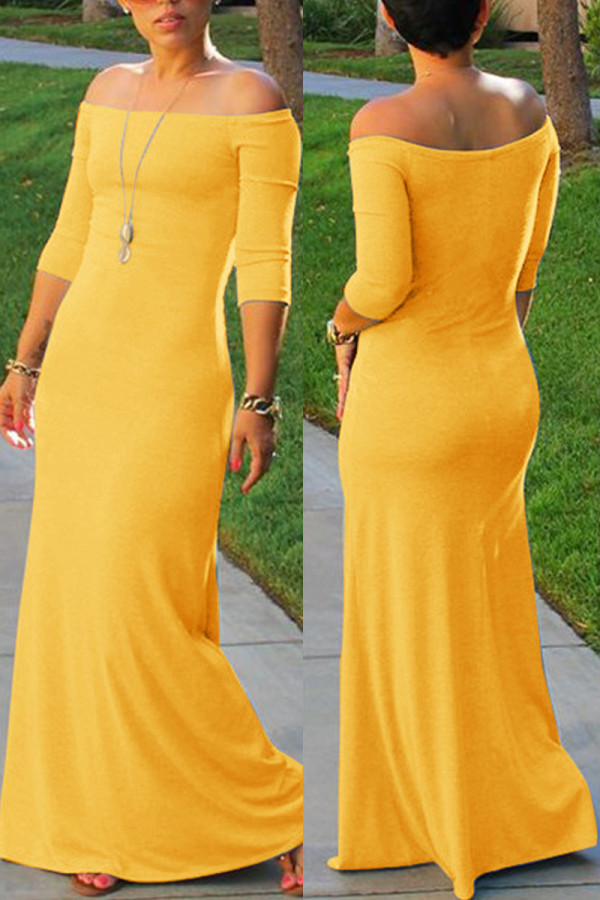 Желтые сексуальные сплошные лоскутные асимметричные платья с открытыми плечами