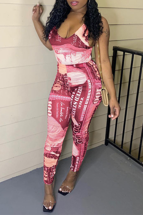 Roze sexy print patchwork skinny jumpsuits met V-hals
