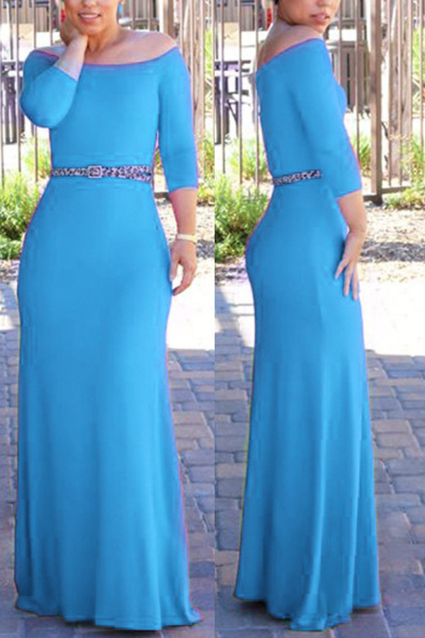 Lichtblauwe sexy effen patchwork off-shoulder asymmetrische jurken