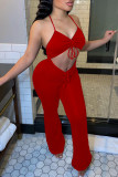 Macacão vermelho fashion sexy sólido vazado sem costas com decote em V regular
