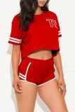 Roter lässiger Sportswear-Stickerei-Patchwork-Kurzarm-Zweiteiler