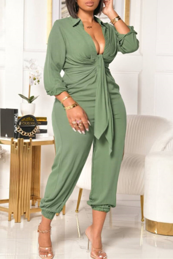 Groene Mode Casual Solid Basic V-hals Plus Size Jumpsuits