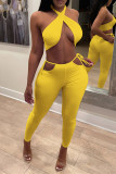 Mode jaune sexy solide dos nu licou sans manches deux pièces