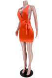 Оранжевое модное сексуальное однотонное платье с открытой спиной и V-образным вырезом без рукавов