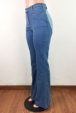 Jeans dritti a vita alta di base con patchwork casual alla moda azzurra