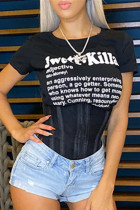 Camisetas básicas con estampado de letras informales de moda sin cinturón con cuello en O negro