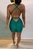 Vestido verde-tinta moda sexy sólido sem costas decote em V sem mangas
