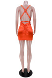オレンジ ファッション セクシー ソリッド バックレス V ネック ノースリーブ ドレス