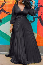 Vestidos de manga larga con cuello en V de patchwork sólido casual de moda negro