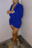Blauwe mode sexy effen asymmetrische turndown kraag jurken