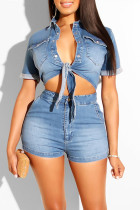Bleu Sexy Casual Solid Strap Design Turndown Collar Short Sleeve Two Pieces