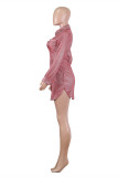 レッド ファッション セクシー ソリッド ベーシック ターンダウン カラー ロング スリーブ ドレス