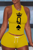 Yellow Fashion Casual Print Basic O Neck Sleeveless Two Pieces