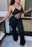 Zwarte mode Sexy effen uitgeholde backless V-hals reguliere jumpsuits