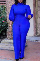 ブルー ファッション カジュアル ソリッド ベーシック タートルネック レギュラー ジャンプスーツ