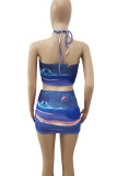 Blue Fashion Sexy Print Backless Halter Sleeveless Two Pieces