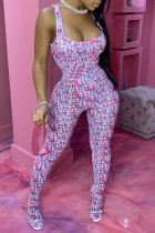 Rosa mode sexigt tryck Basic O-hals Skinny Jumpsuits