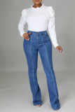 Calça jeans reta básica de cintura alta moda casual patchwork azul bebê
