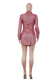 レッド ファッション セクシー ソリッド ベーシック ターンダウン カラー ロング スリーブ ドレス